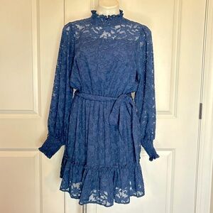 NWT Umgee Navy Jessica Ruffle Neck Long Sleeve Sheer Floral Tie Waist Dress
